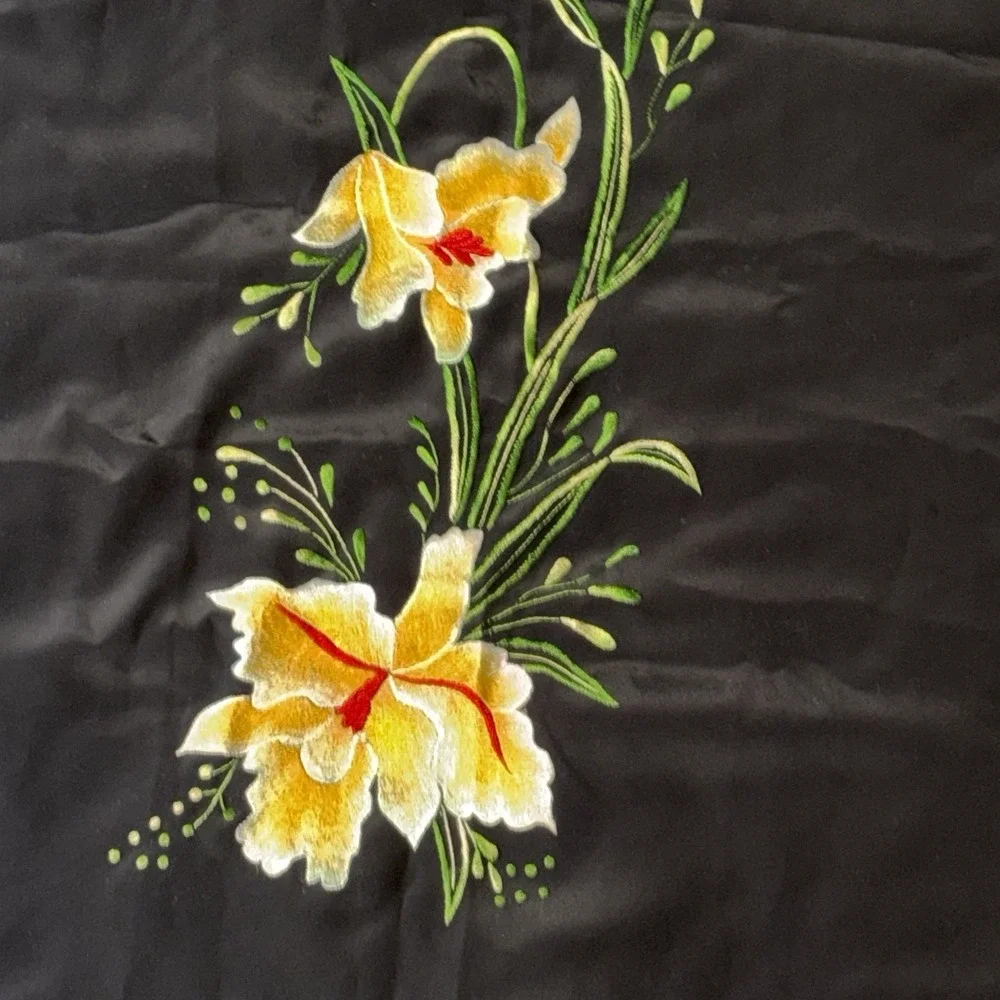 VTG Embroideried Material Black W Yellow Flowers Leaves 42